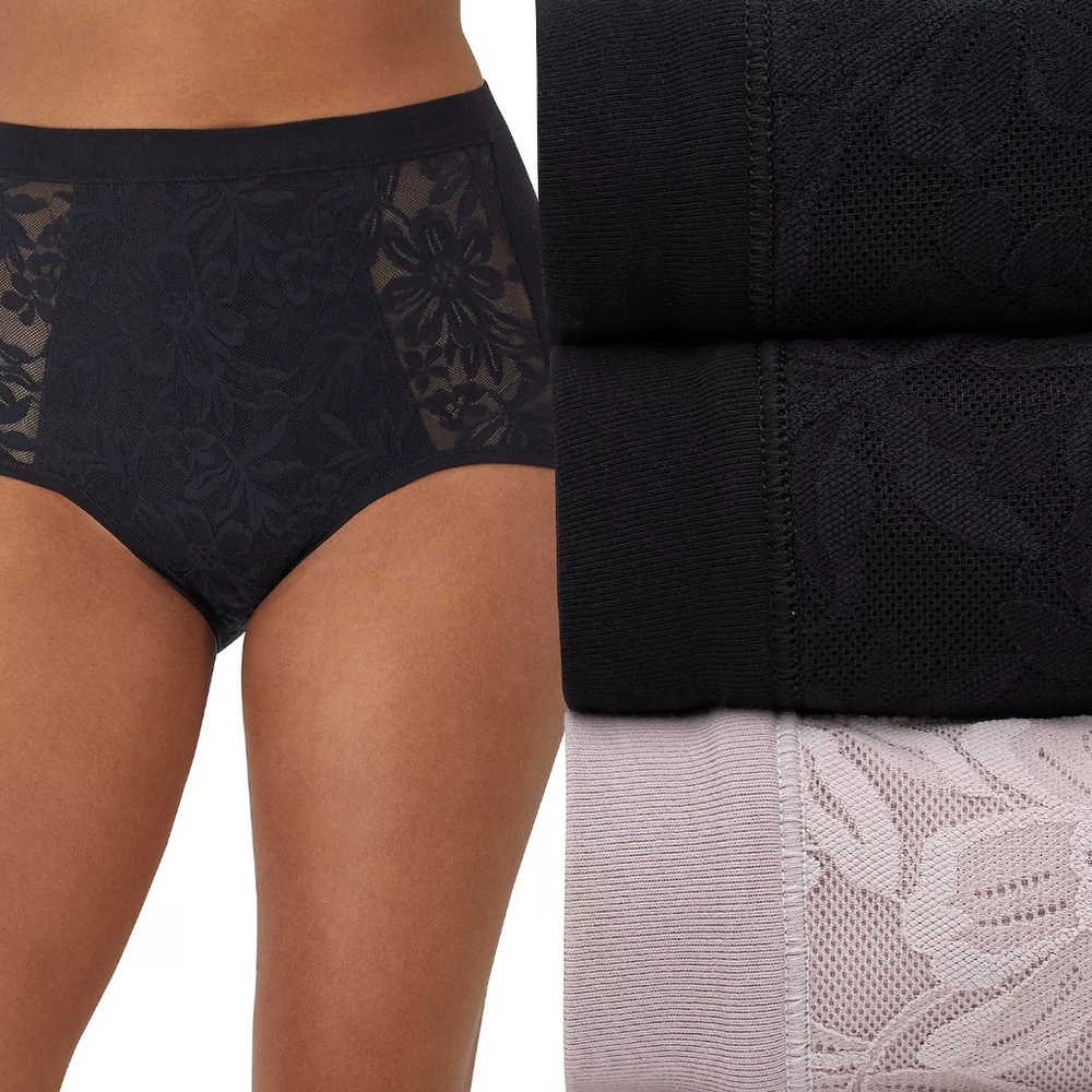 Bali Breathe Cotton Modal 3-Pack Lace High Rise Briefs, L/7, NWT